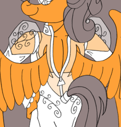 Size: 1175x1225 | Tagged: safe, artist:supra80, oc, oc:cold front, species:anthro, species:pegasus, species:pony, anthro oc, clothing, crossdressing, dress, dressing, femboy, hand on hip, lingerie, looking back, looking over shoulder, male, pegasus oc, photoshop, see-through, wedding dress, wings, wip, zipper