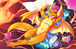 Size: 5100x3300 | Tagged: safe, artist:mlpfwb, character:smolder, species:dragon, beach towel, belly button, commission, detailed background, dragon lands, dragoness, drink, female, full color, hands on head, horns, lava, lava pool, lotion, lying on the ground, magazine, mirror, older, older smolder, relaxing, solo, spread wings, stretching, stupid sexy smolder, sun bathing, tail, umbrella, vacation, warm, wings