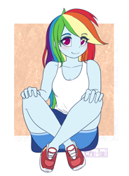 Size: 994x1351 | Tagged: safe, artist:puetsua, character:rainbow dash, species:eqg human, my little pony:equestria girls, anime, blue skin, blushing, breasts, clothing, crossed legs, cute, dashabetes, eye clipping through hair, female, hands on knees, happy, long hair, multicolored hair, no pupils, no socks, patterned background, pink eyes, rainbow hair, shoes, shorts, sitting, sitting on floor, small breasts, smiling, sneakers, solo, sporty style, tank top, watermark