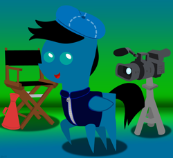 Size: 7200x6600 | Tagged: safe, artist:agkandphotomaker2000, oc, oc only, oc:pony video maker, species:pegasus, species:pony, camera, chair, clothing, director's chair, director's hat, jacket, looking at you, megaphone, pointy ponies, solo, tripod, video camera