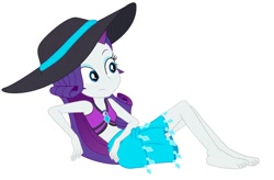 Size: 668x438 | Tagged: safe, artist:marcorois, edit, editor:thomasfan45, character:rarity, species:human, my little pony:equestria girls, bare arms, barefoot, belly button, bikini, clothing, cute, edited vector, feet, female, geode of shielding, hat, legs, looking sideways, magical geodes, midriff, sarong, simple background, sitting, solo, sun hat, swimsuit, transparent background, vector