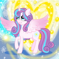 Size: 800x800 | Tagged: safe, artist:katya, character:princess flurry heart, species:alicorn, species:pony, abstract background, adult, female, glow, heart, magic, older, snow, solo, spell, wings
