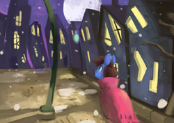 Size: 1275x903 | Tagged: safe, artist:toisanemoif, oc, oc only, oc:bizarre song, species:pegasus, species:pony, abstract, blinx the time sweeper, cape, clothing, colored, house, lamp, lamppost, male, moon, snow, solo, walking
