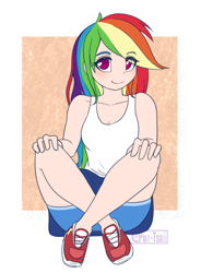 Size: 994x1351 | Tagged: safe, artist:puetsua, edit, editor:michaelsety, character:rainbow dash, species:human, g4, my little pony:equestria girls, anime, blushing, breasts, clothing, crossed legs, cute, dashabetes, eye clipping through hair, female, hands on knees, happy, human coloration, humanized, long hair, multicolored hair, no pupils, no socks, patterned background, pink eyes, rainbow hair, shoes, shorts, sitting, sitting on floor, small breasts, smiling, sneakers, solo, sporty style, tank top, tomboy, watermark