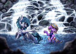 Size: 1654x1169 | Tagged: safe, artist:cafecomponeis, oc, oc only, species:earth pony, species:pegasus, species:pony, clothing, cute, female, mother and child, mother and daughter, playing, rock, stone, swimsuit, water, waterfall