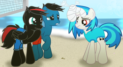 Size: 10830x5984 | Tagged: safe, artist:agkandphotomaker2000, character:dj pon-3, character:vinyl scratch, oc, oc:arnold the pony, oc:pony video maker, species:pegasus, species:pony, species:unicorn, g4, beach, canon x oc, clothing, concerned, disappointed, disinflated ball, female, holding the laughter, male, ocean, red and black oc, red eyes, shipping, show accurate, sports, straight, swimsuit, unicorn problems, videoscratch, volleyball, volleyball net