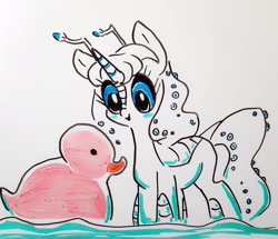 Size: 2268x1947 | Tagged: safe, artist:smirk, oc, oc:orchid, g4, cute, doodle, giant duck, kaiju, kaiju pony, rubber duck, solo, traditional art, whiteboard