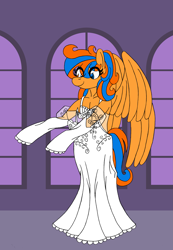Size: 2141x3100 | Tagged: safe, artist:supra80, oc, oc:cold front, species:anthro, species:pegasus, species:pony, species:unguligrade anthro, g4, anthro oc, clothing, crossdressing, dress, femboy, lingerie, male, photoshop, see-through, solo, underwear, wedding dress, wings