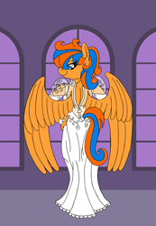 Size: 2141x3100 | Tagged: safe, artist:supra80, oc, oc:cold front, species:anthro, species:pegasus, species:pony, species:unguligrade anthro, g4, anthro oc, clothing, crossdressing, dress, dressing, femboy, hand on hip, looking back, looking over shoulder, male, pegasus oc, photoshop, wedding dress, wings, zipper