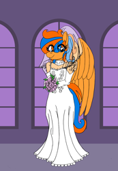 Size: 2141x3100 | Tagged: safe, artist:supra80, oc, oc:cold front, species:anthro, species:pegasus, species:pony, g4, anthro oc, bouquet, carrying, clothing, crossdressing, dress, femboy, flower, male, pegasus oc, photoshop, rose, see-through, solo, wedding dress, wings