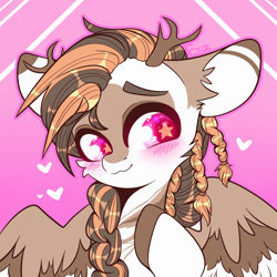 Size: 2000x2000 | Tagged: safe, artist:etoz, oc, oc only, species:deer, species:pegasus, species:pony, g4, blushing, commission, cute, femboy, gradient background, happy, heart, horns, looking at something, male, original species, pegasus oc, smiling, stallion, starry eyes, wingding eyes, wings
