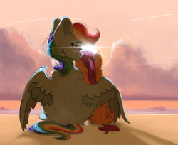 Size: 2485x2032 | Tagged: safe, artist:skitsroom, character:rainbow dash, character:scootaloo, species:pegasus, species:pony, g4, beach, cloud, duo, female, filly, high res, hug, mare, ocean, sand, scootalove, sitting, sky, sunset, water, winghug