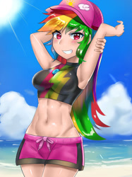 Size: 800x1067 | Tagged: safe, artist:tzc, edit, editor:michaelsety, character:rainbow dash, species:human, equestria girls:forgotten friendship, g4, my little pony: equestria girls, my little pony:equestria girls, abs, adorasexy, anime, armpits, beach, belly button, board shorts, breasts, busty rainbow dash, cap, clothing, crepuscular rays, cute, dashabetes, female, hat, human coloration, humanized, looking at you, midriff, muscles, ocean, rainbuff dash, sand, sexy, shorts, smiling, solo, swimsuit