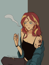 Size: 1402x1880 | Tagged: safe, artist:tcn1205, character:sunset shimmer, species:human, g4, my little pony:equestria girls, cigarette, female, open mouth, sleeveless, smoking, solo, sunset shimmer is not amused, tattoo, unamused