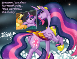Size: 937x720 | Tagged: safe, artist:texasuberalles, character:applejack, character:twilight sparkle, character:twilight sparkle (alicorn), character:twilight sparkle (unicorn), species:alicorn, species:earth pony, species:pony, species:unicorn, episode:friendship is magic, episode:the last problem, g4, my little pony: friendship is magic, clothing, cloven hooves, colored hooves, colored wings, cowboy hat, duality, ethereal mane, female, hat, hoof hold, jewelry, mare, ponidox, princess celestia's special princess making dimension, princess twilight 2.0, regalia, scene interpretation, self ponidox, solo focus, unshorn fetlocks, wings