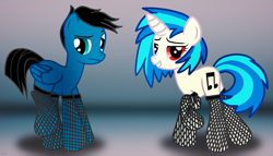 Size: 5758x3300 | Tagged: safe, artist:agkandphotomaker2000, character:dj pon-3, character:vinyl scratch, oc, oc:pony video maker, species:pegasus, species:pony, species:unicorn, g4, canon x oc, clothing, curious, female, leggings, male, sexy walk, shipping, show accurate, simple background, straight, videoscratch
