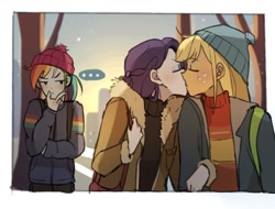 Size: 1232x937 | Tagged: safe, artist:tcn1205, character:applejack, character:rainbow dash, character:rarity, ship:rarijack, g4, my little pony:equestria girls, ..., clothing, coat, female, hat, kissing, lesbian, shipping, sweater, thinking, toque