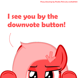 Size: 1024x1024 | Tagged: safe, artist:mrkat7214, derpibooru original, edit, part of a set, oc, oc only, oc:downvote, species:pony, derpibooru, derpibooru ponified, g4, cute, downvote bait, downvotes are upvotes, lidded eyes, meta, ocbetes, peekaboo, peeking, ponified, simple background, solo, soon, text, vector, white background