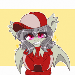 Size: 2500x2500 | Tagged: safe, alternate version, artist:etoz, derpibooru original, oc, oc only, oc:gravel shine, species:bat pony, species:pony, g4, bat pony oc, bat wings, bipedal, cap, clothing, cute, eyebrows, fangs, grey hair, happy, hat, male, pink eyes, request, requested art, smiling, solo, stallion, teeth, wings