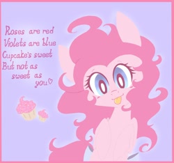 Size: 1600x1500 | Tagged: safe, artist:silbersternenlicht, character:pinkie pie, species:pony, blep, cupcake, cute, diapinkes, female, food, holiday, looking at you, solo, tongue out, valentine's day, valentine's day card