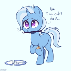 Size: 600x600 | Tagged: safe, artist:higgly-chan, character:trixie, species:pony, species:unicorn, g4, bandaid, blank flank, blatant lies, broken, cute, dawwww, diatrixes, female, filly, filly trixie, lies, magic wand, mouth hold, plate, raised hoof, simple background, solo, third person, white background, younger