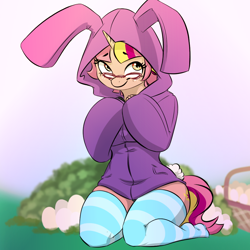 Size: 1000x1000 | Tagged: safe, artist:kennzeichen, oc, oc only, species:anthro, g4, bunny hood, clothing, commission, female, glasses, hoodie, oversized clothes, socks, solo, stockings, striped socks, thigh highs, your character here