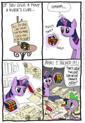 Size: 553x794 | Tagged: safe, artist:kturtle, character:spike, character:twilight sparkle, comic, hilarious in hindsight, magic, rubik's cube, scroll, telekinesis, writing
