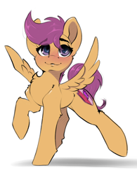 Size: 1866x2388 | Tagged: safe, artist:skitsroom, character:scootaloo, species:pegasus, species:pony, g4, blushing, chest fluff, cute, cutealoo, female, filly, high res, raised hoof, raised leg, simple background, smiling, solo, spread wings, white background, wings