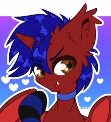 Size: 2000x2200 | Tagged: safe, artist:etoz, oc, oc only, species:alicorn, species:bat pony, species:pony, g4, bat pony alicorn, bat pony oc, bat wings, clothing, collar, eyebrows, fangs, gradient background, heart, horn, male, socks, solo, stallion, stockings, striped socks, striped stockings, thigh highs, wingding eyes, wings
