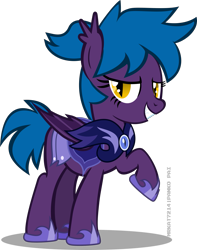 Size: 1633x2076 | Tagged: safe, artist:mrkat7214, oc, oc only, oc:mythic aurora, species:bat pony, species:pony, g4, armor, bat wings, commission, female, grin, looking at you, mare, night guard, night guard armor, raised hoof, simple background, smiling, solo, transparent background, vector, wings