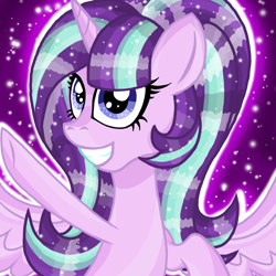 Size: 800x800 | Tagged: safe, artist:katya, edit, character:starlight glimmer, species:alicorn, species:pony, g4, alicornified, ethereal mane, gritted teeth, looking at you, race swap, smiling, spell, starlicorn, waving, xk-class end-of-the-world scenario