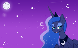 Size: 1700x1060 | Tagged: safe, artist:higgly-chan, character:princess luna, species:alicorn, species:pony, g4, crown, dialogue, eyeshadow, female, jewelry, lol, makeup, mare, moon, night, night sky, open mouth, regalia, solo, stars