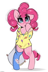 Size: 2000x3000 | Tagged: safe, artist:skitsroom, character:pinkie pie, species:earth pony, species:pony, g4, alternate hairstyle, bipedal, blushing, cheek fluff, clothing, cute, diapinkes, ear down, female, looking at you, pajamas, pillow, simple background, sock, solo, white background