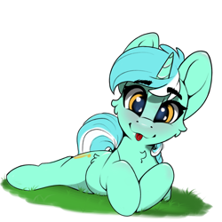 Size: 2048x2048 | Tagged: safe, artist:skitsroom, character:lyra heartstrings, species:pony, species:unicorn, g4, blep, blushing, cheek fluff, chest fluff, cute, eyebrows, female, front view, full face view, high res, looking at you, lying down, lyrabetes, mare, prone, simple background, smiling, solo, tongue out, white background