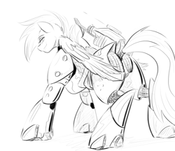 Size: 1480x1279 | Tagged: safe, artist:testostepone, oc, oc:silverstring, species:pegasus, species:pony, g4, armor, black and white, butt, female, grayscale, looking at you, monochrome, plot, power armor, sketch, solo