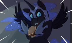 Size: 1053x622 | Tagged: safe, artist:testostepone, character:nightmare moon, character:princess luna, species:alicorn, species:pony, g4, burger, caught, colored sketch, eating, female, food, mare, simple background, solo