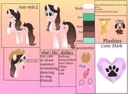 Size: 5593x4145 | Tagged: safe, artist:cindydreamlight, character:applejack, oc, oc:cindy, species:earth pony, species:pony, species:unicorn, g4, absurd resolution, clothing, female, hat, mare, paw prints, plushie, reference sheet