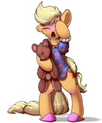 Size: 2500x3000 | Tagged: safe, artist:skitsroom, character:applejack, species:earth pony, species:pony, g4, bipedal, blushing, clothing, cute, eyes closed, female, freckles, jackabetes, mare, open mouth, pajamas, simple background, sleeping, slippers, teddy bear, underhoof, white background, yawn