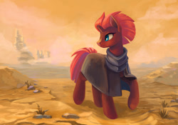 Size: 1600x1119 | Tagged: safe, artist:maytee, character:tempest shadow, species:pony, species:unicorn, g4, broken horn, cloak, clothing, desert, female, horn, smiling, solo