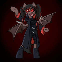 Size: 2139x2160 | Tagged: safe, artist:spheedc, oc, oc only, species:bat pony, species:pony, g4, bat pony oc, bat wings, clothing, digital art, female, glowing eyes, gradient background, mare, semi-anthro, solo, wings