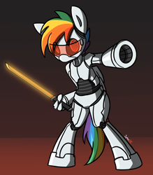 Size: 1818x2078 | Tagged: safe, artist:spheedc, oc, oc only, species:pony, g4, cannon, commission, digital art, glowing sword, gradient background, multicolored hair, rainbow hair, robot, robot pony, semi-anthro, solo
