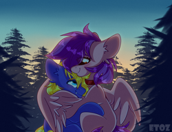 Size: 2600x2000 | Tagged: safe, artist:etoz, oc, oc only, oc:gaby, oc:spore, species:earth pony, species:pegasus, species:pony, g4, blushing, collar, commission, cute, earth pony oc, female, forest, happy, hug, male, mare, pegasus oc, sky, smiling, stallion, tree, wings