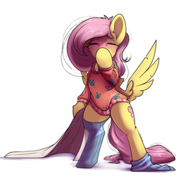 Size: 3000x3000 | Tagged: safe, artist:skitsroom, character:fluttershy, species:pegasus, species:pony, g4, bipedal, blushing, clothing, cute, eyes closed, female, hoof over mouth, mare, pajamas, shyabetes, simple background, socks, solo, white background, yawn