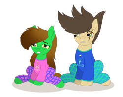 Size: 2314x1836 | Tagged: safe, artist:dyonys, oc, oc:lucky brush, oc:night chaser, species:pony, g4, clothing, female, freckles, husband and wife, luckychaser, male, mare, pajamas, scar, simple background, sitting, sleepy, stallion, tired, transparent background