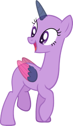 Size: 968x1652 | Tagged: safe, artist:pegasski, oc, oc only, species:alicorn, species:pony, episode:three's a crowd, g4, my little pony: friendship is magic, alicorn oc, bald, base, eyelashes, horn, looking back, open mouth, raised hoof, simple background, smiling, solo, transparent background, two toned wings, wings