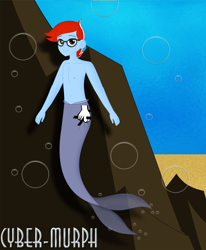 Size: 2772x3358 | Tagged: safe, artist:cyber-murph, oc, oc:tone, g4, my little pony:equestria girls, belly button, clothing, commission, glasses, male, mermaid, merman, nipples, nudity, partial nudity, rock, sand, signature, topless, underwater