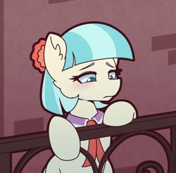 Size: 1284x1264 | Tagged: safe, artist:puetsua, character:coco pommel, species:earth pony, species:pony, g4, bipedal, bipedal leaning, crying, cute, ear fluff, female, leaning, lidded eyes, mare, necktie, sad, sadorable, solo