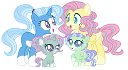 Size: 1280x702 | Tagged: safe, artist:lanternomega, artist:pegasski, artist:sugarsong14, base used, character:fluttershy, character:trixie, oc, oc only, oc:cristal butterfly, oc:lilypad, parent:fluttershy, parent:trixie, parents:trixieshy, species:pegasus, species:pony, species:unicorn, ship:trixieshy, g4, alternate design, family, female, filly, lesbian, magical lesbian spawn, mare, missing cutie mark, offspring, shipping, simple background, socks (coat marking), transparent background