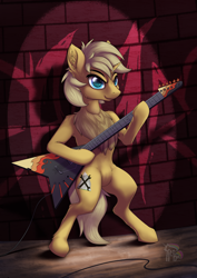 Size: 4677x6614 | Tagged: safe, artist:cafecomponeis, oc, oc:sunlight bolt, species:pony, species:unicorn, g4, absurd resolution, commission, electric guitar, guitar, looking at you, male, musical instrument, solo, stallion, standing on two hooves, ych result