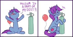 Size: 1858x962 | Tagged: safe, artist:higgly-chan, oc, oc only, oc:mobian, species:pony, species:unicorn, g4, balloon, cute, helium, helium tank, sitting, solo